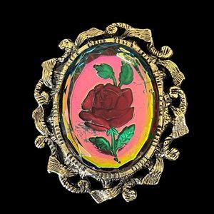 Vintage Reverse Painted Glass Floral Red Rose Color Change Brooch Pin Gold Tone